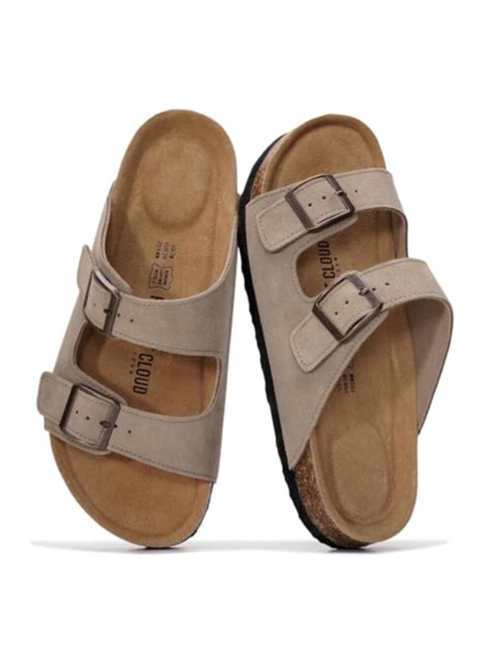 Womens Genuine Leather Sandals Cork Footbed Memory Foam Two Strap Buckle Slides